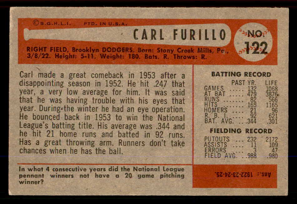 1954 Bowman Baseball #122 Carl Furillo Dodgers VG-EX 555801