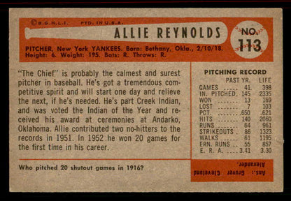1954 Bowman Baseball #113 Allie Reynolds Yankees EX-MT 555802