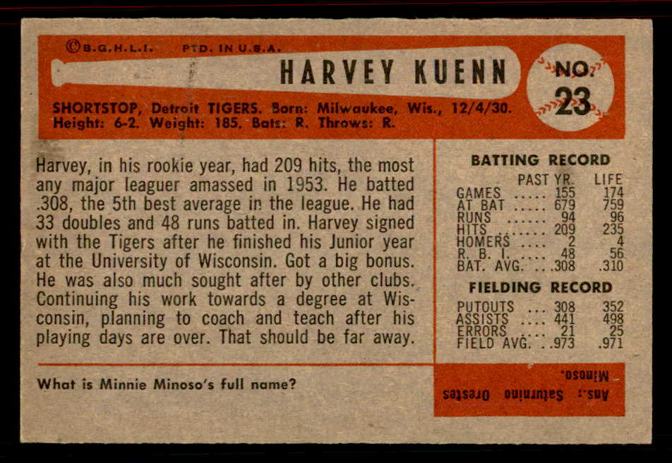 1954 Bowman Baseball #023 Harvey Kuenn Tigers EX-MT 555810