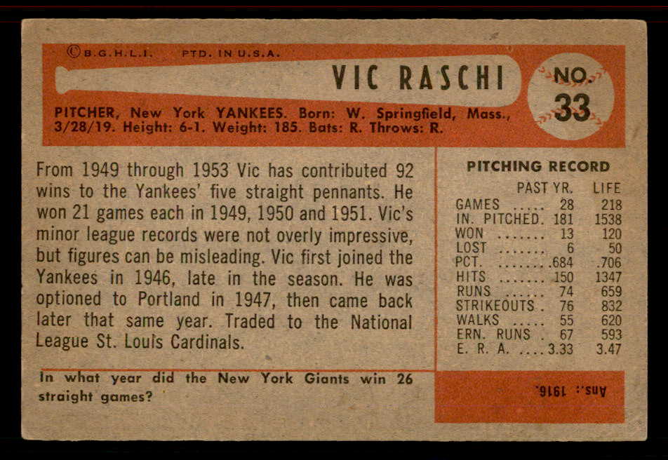 1954 Bowman Baseball #033 Vic Raschi Yankees Good Trade 555811