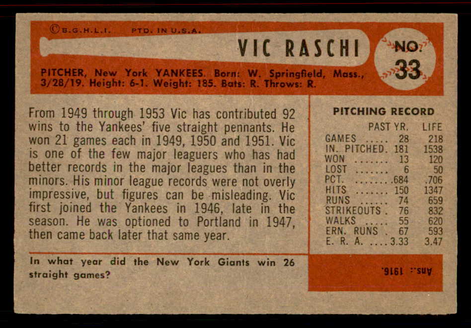 1954 Bowman Baseball #033 Vic Raschi Yankees EX+/EX-MT No Trade 555812
