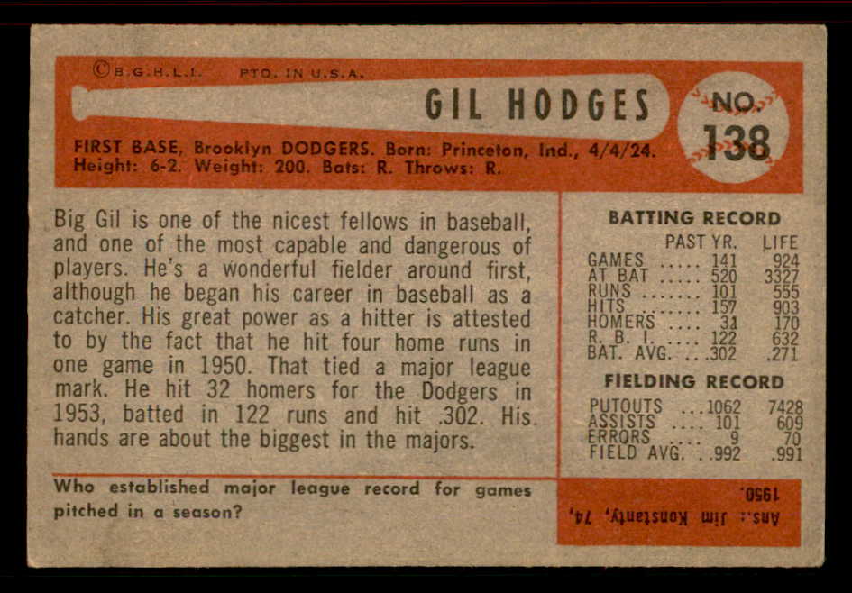 1954 Bowman Baseball #138 Gil Hodges Dodgers VG-EX 555816