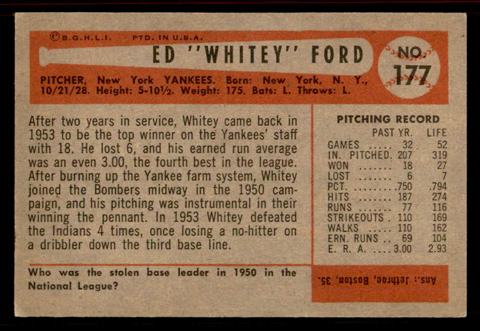 1954 Bowman Baseball #177 Whitey Ford Yankees EX-MT 555818