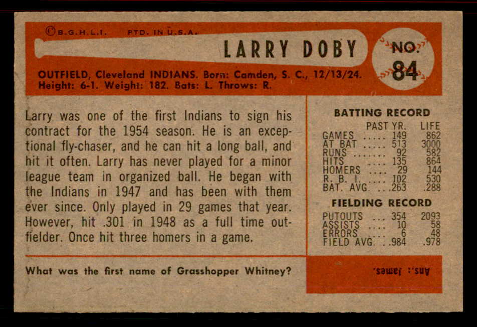 1954 Bowman Baseball #084 Larry Doby Indians EX-MT/NR-MT 555822