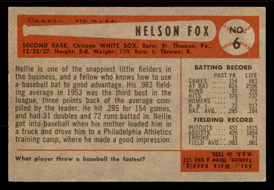 1954 Bowman Baseball #006 Nellie Fox White Sox EX-MT 555824