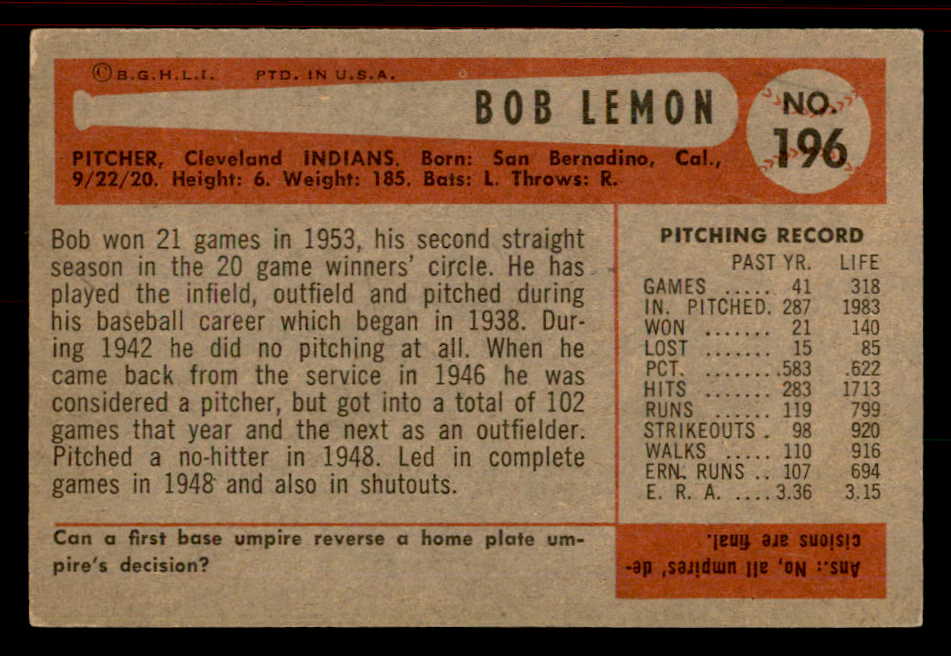 1954 Bowman Baseball #196 Bob Lemon Indians EX-MT 555826