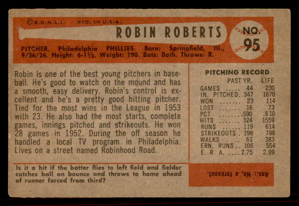 1954 Bowman Baseball #095 Robin Roberts Phillies VG-EX 555832