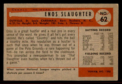 1954 Bowman Baseball #062 Enos Slaughter Cardinals EX+/EX-MT 555834