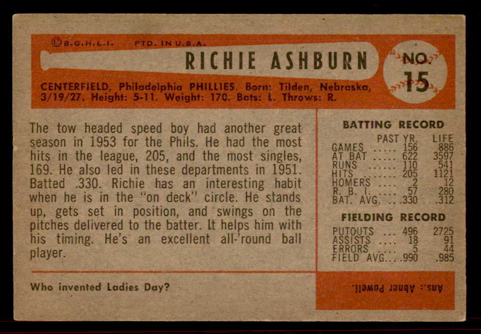 1954 Bowman Baseball #015 Richie Ashburn Phillies EX-MT 555836