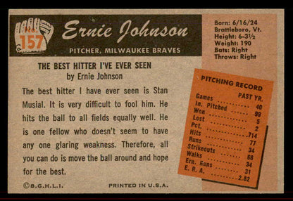 1955 Bowman Baseball #157 Ernie Johnson Braves EX-MT Correct 555837