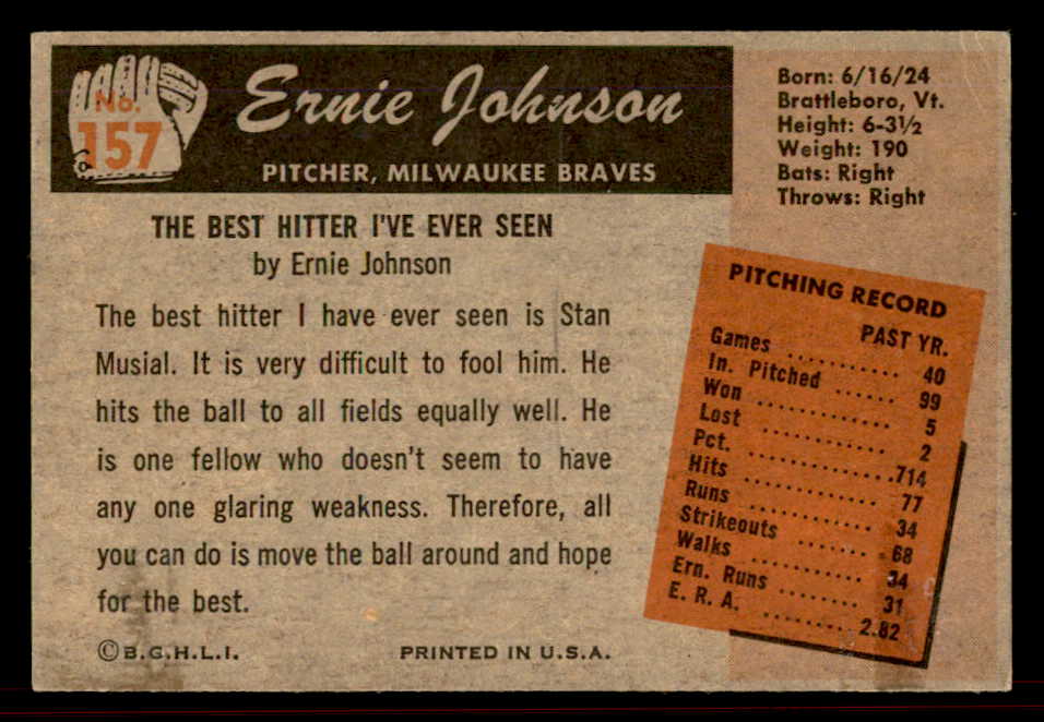 1955 Bowman Baseball #157 Ernie Johnson Braves EX+/EX-MT Error 555838