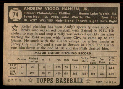 1952 Topps Baseball #074 Andy Hansen Phillies VG Black 555844