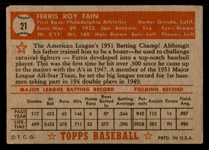1952 Topps Baseball #021 Ferris Fain A's VG Red 555845