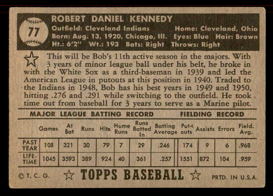 1952 Topps Baseball #077 Bob Kennedy Indians VG-EX Black 555847