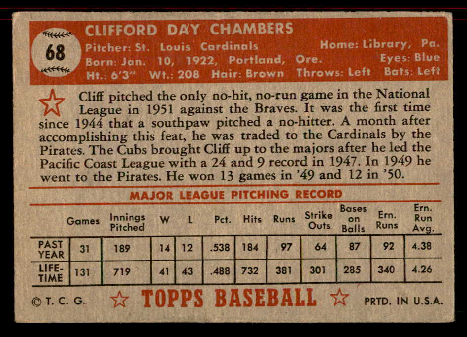 1952 Topps Baseball #068 Cliff Chambers Cardinals VG-EX Red 555850