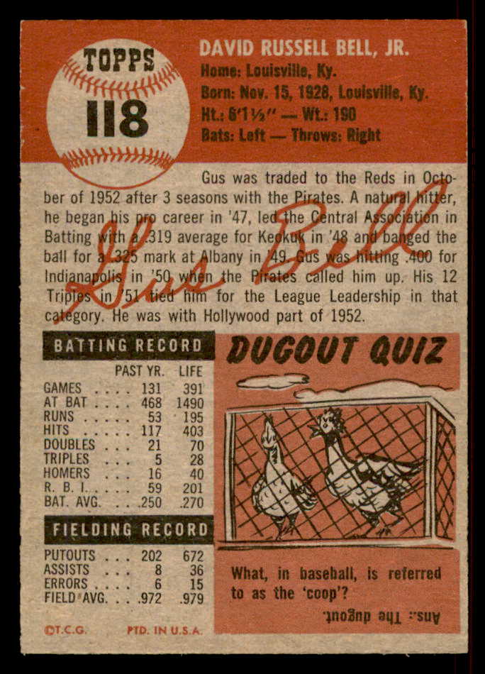 1953 Topps Baseball #118 Gus Bell Reds EX-MT 555852