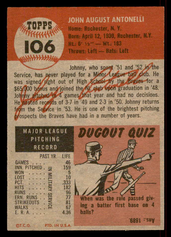 1953 Topps Baseball #106 Johnny Antonelli Braves EX-MT 555853