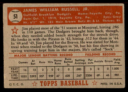 1952 Topps Baseball #051 Jim Russell Dodgers VG-EX Red 555857