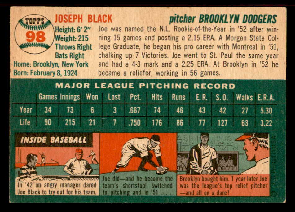 1954 Topps Baseball #098 Joe Black Dodgers EX-MT 555861