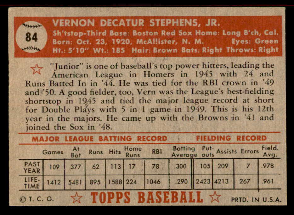 1952 Topps Baseball #084 Vern Stephens Red Sox EX-MT 555878