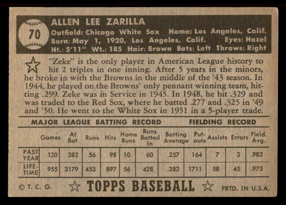 1952 Topps Baseball #070 Al Zarilla White Sox EX-MT Black 555880