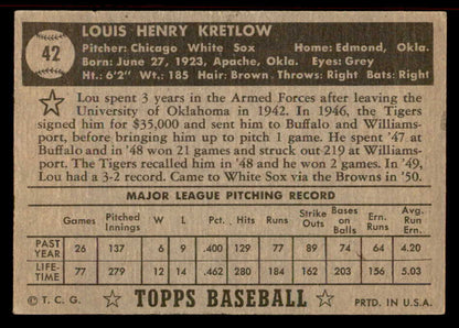 1952 Topps Baseball #042 Lou Kretlow White Sox EX-MT Black 555881