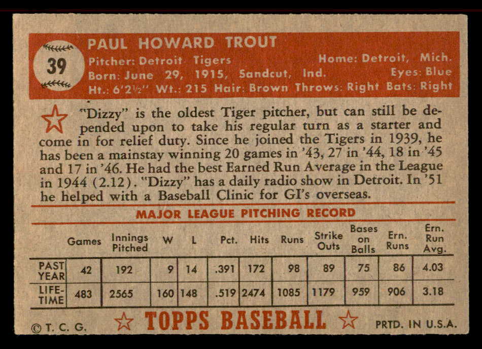 1952 Topps Baseball #039 Dizzy Trout Tigers EX-MT Red 555882