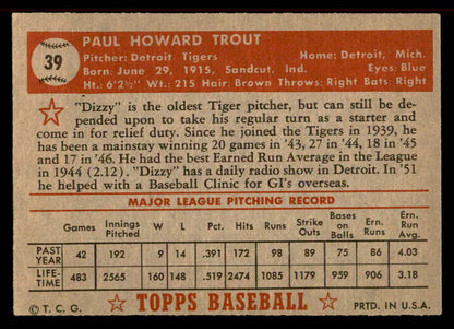 1952 Topps Baseball #039 Dizzy Trout Tigers EX-MT Red 555882
