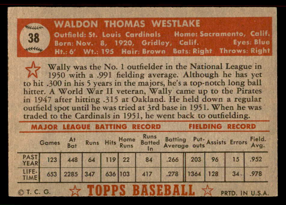 1952 Topps Baseball #038 Wally Westlake Cardinals EX-MT Red 555883