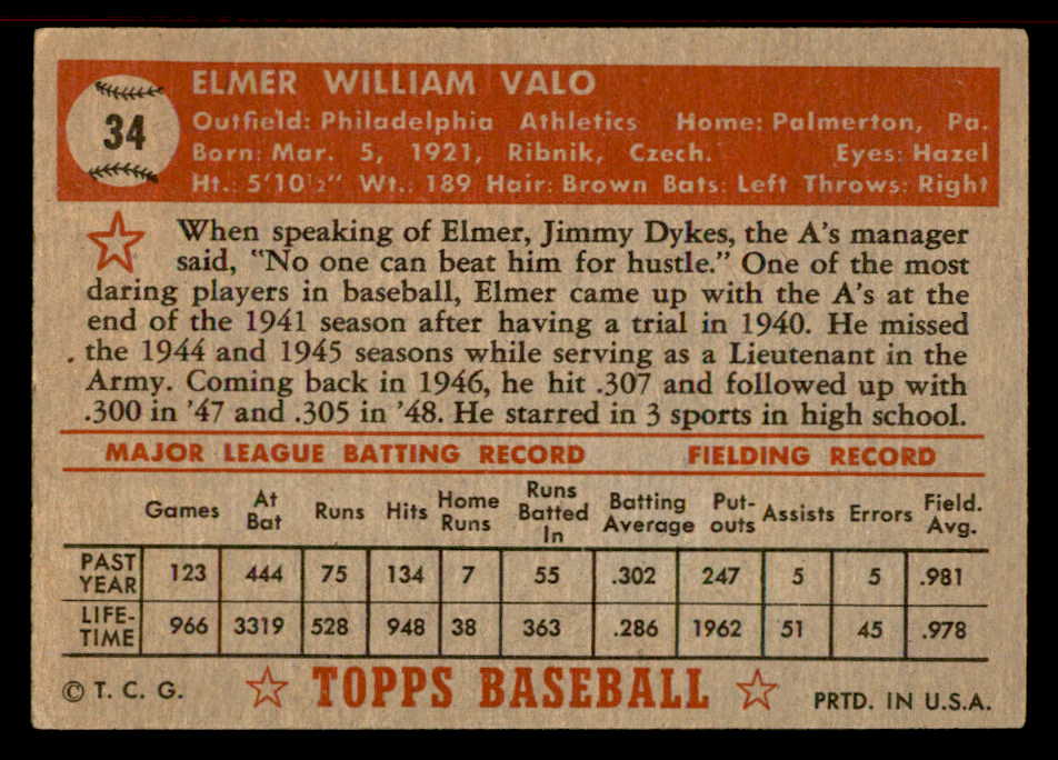 1952 Topps Baseball #034 Elmer Valo A's EX-MT Red 555884