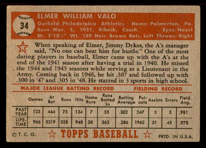 1952 Topps Baseball #034 Elmer Valo A's EX-MT Red 555884