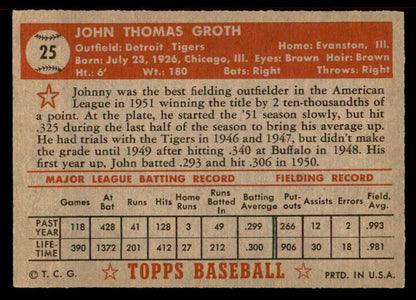 1952 Topps Baseball #025 Johnny Groth Tigers EX-MT Red 555886