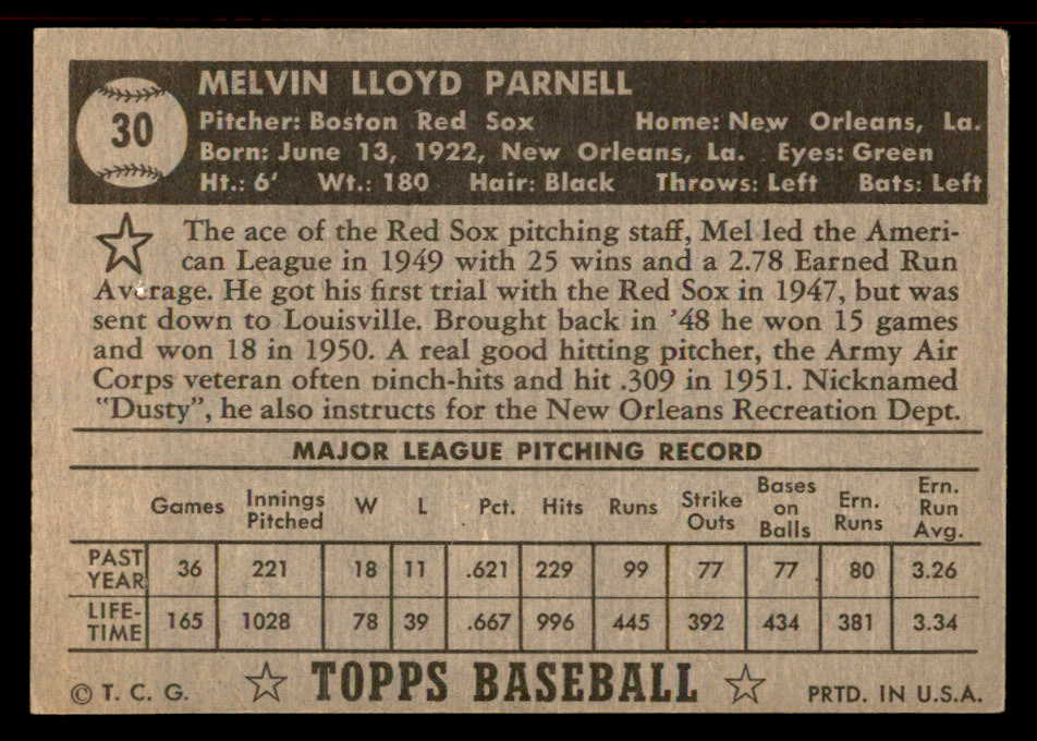 1952 Topps Baseball #030 Mel Parnell Red Sox EX+/EX-MT Black 555893