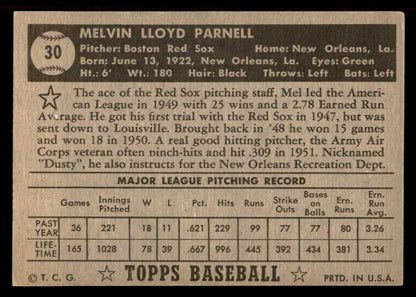 1952 Topps Baseball #030 Mel Parnell Red Sox EX+/EX-MT Black 555893