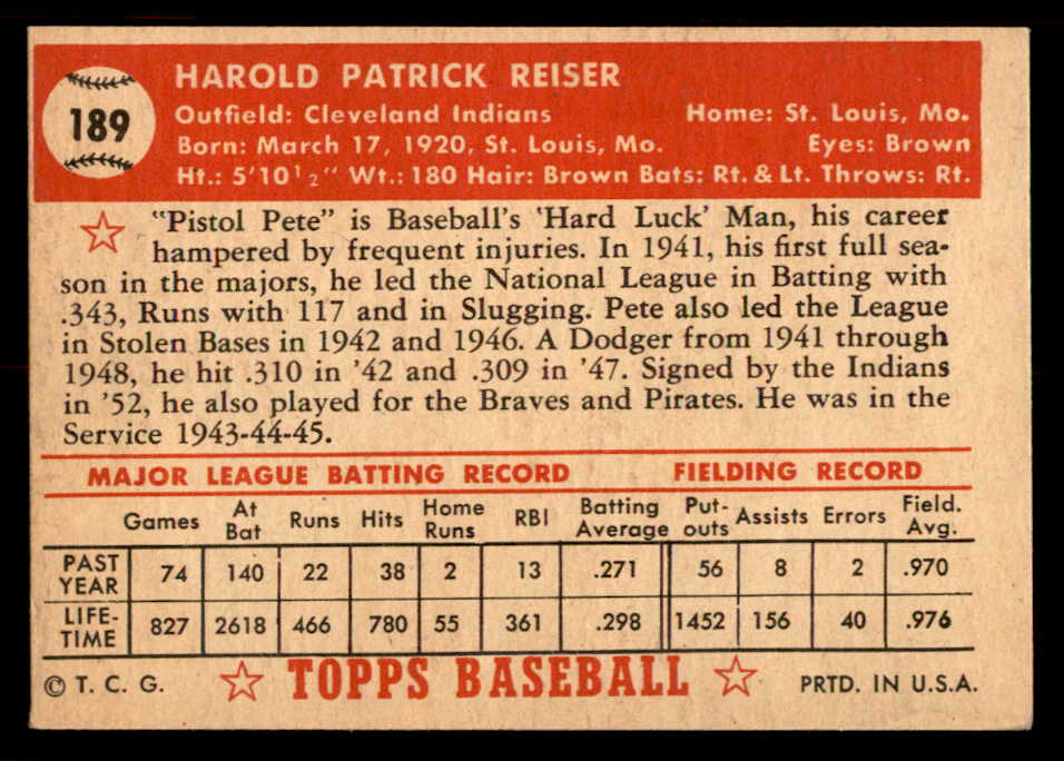1952 Topps Baseball #189 Pete Reiser Indians EX-MT 555906