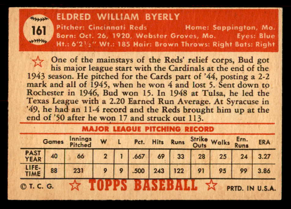 1952 Topps Baseball #161 Bud Byerly Reds EX-MT 555908