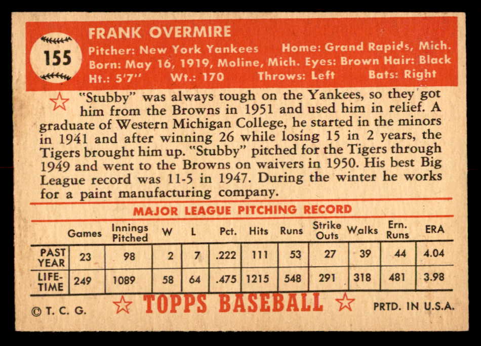 1952 Topps Baseball #155 Frank Overmire Yankees EX-MT 555910