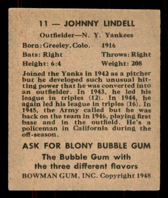 1948 Bowman Baseball #011 Johnny Lindell Yankees EX-MT 555915