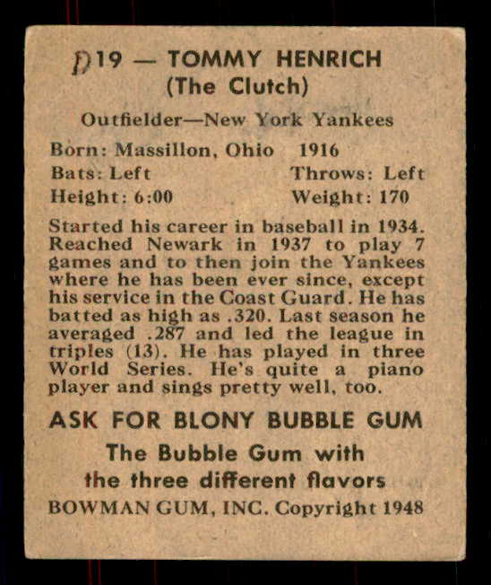 1948 Bowman Baseball #019 Tommy Henrich Yankees Good ink back 555918
