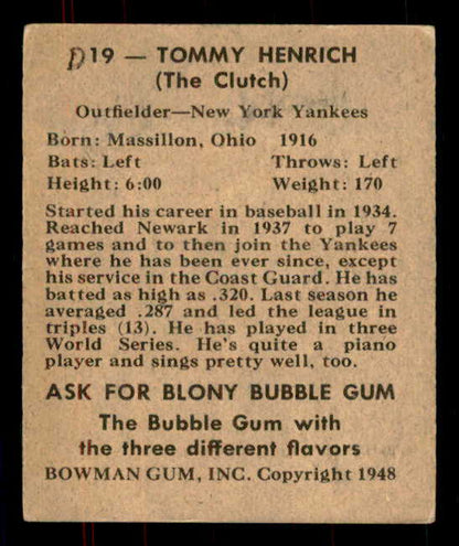 1948 Bowman Baseball #019 Tommy Henrich Yankees Good ink back 555918