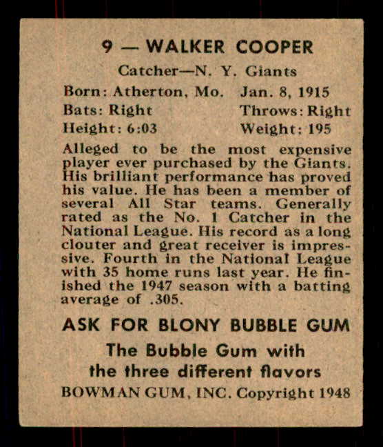 1948 Bowman Baseball #009 Walker Cooper Giants VG-EX 555919