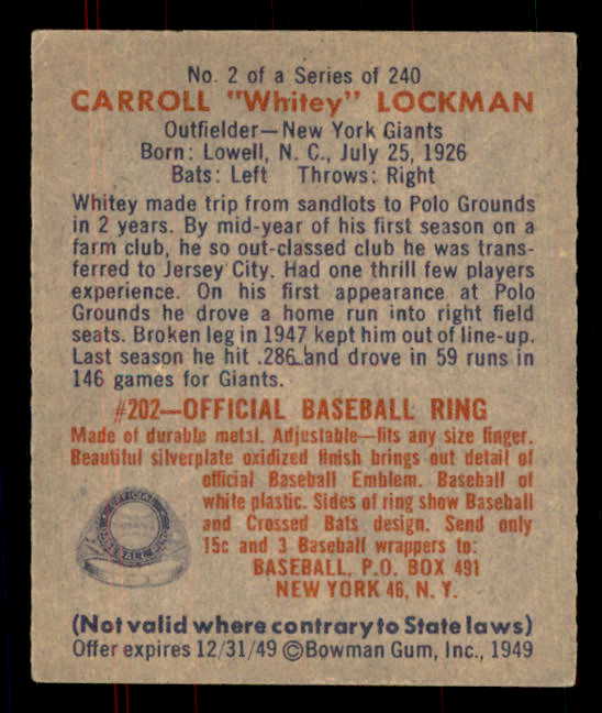 1949 Bowman Baseball #002 Whitey Lockman Giants EX-MT 555920