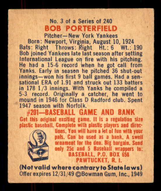 1949 Bowman Baseball #003 Bob Porterfield Yankees EX-MT 555921