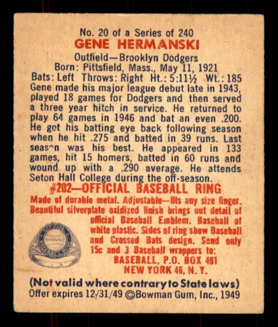 1949 Bowman Baseball #020 Gene Hermanski Dodgers EX-MT 555927