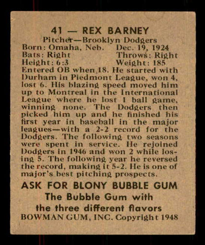 1948 Bowman Baseball #041 Rex Barney Dodgers EX-MT 555932