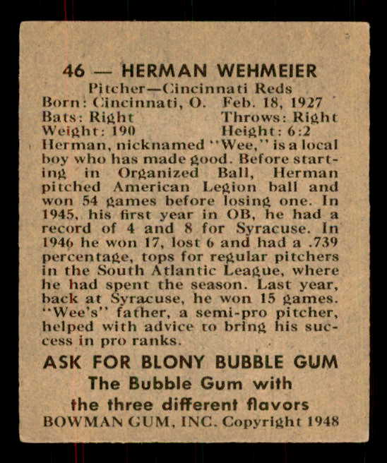 1948 Bowman Baseball #046 Herman Wehmeier Reds EX-MT 555933