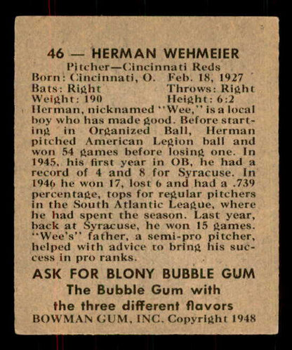 1948 Bowman Baseball #046 Herman Wehmeier Reds EX-MT 555933