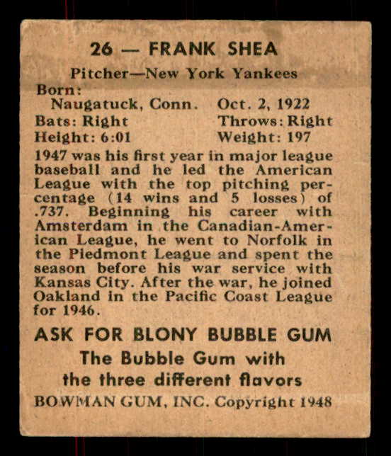 1948 Bowman Baseball #026 Frank Shea Yankees EX-MT 555934
