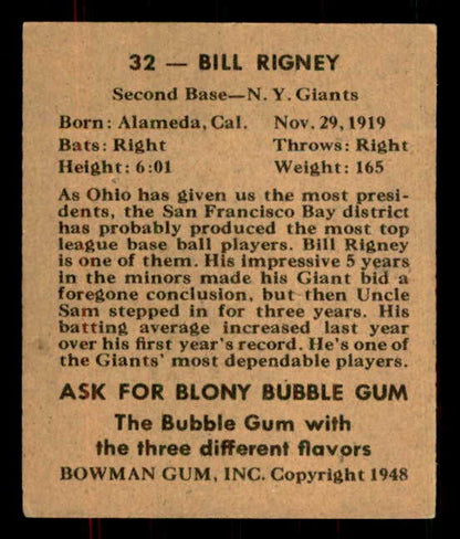 1948 Bowman Baseball #032 Bill Rigney Giants EX-MT 555935