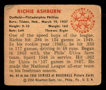 1950 Bowman Baseball #084 Richie Ashburn Phillies FR-GD 555936